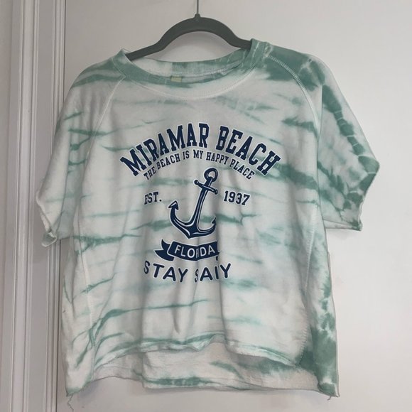 U.S. Apparel Teal and White Anchor Miramar Beach Florida Tie Dye Cropped T-Shirt - Picture 1 of 3